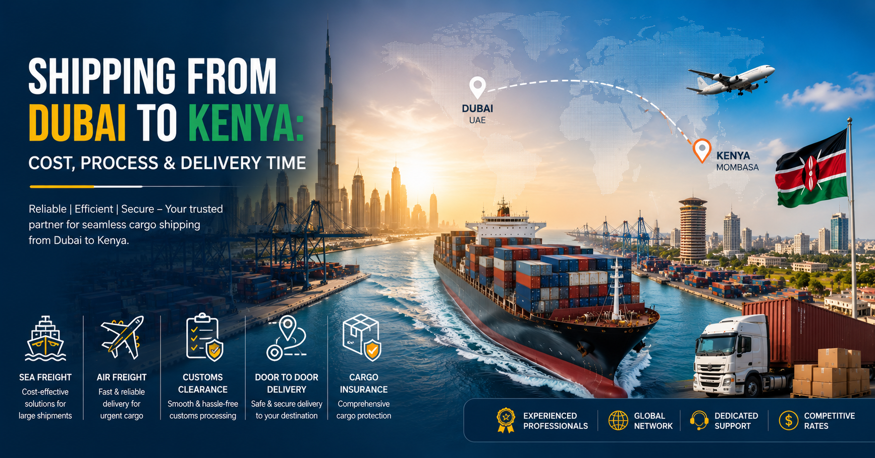 Learn everything about shipping from Dubai to Kenya, including shipping costs, freight options, customs requirements, delivery timelines, and cargo solutions. Request a shipping quote today.