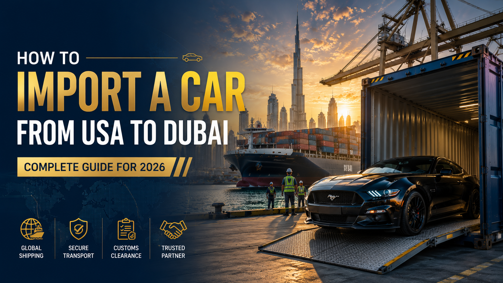 Learn how to import a car from the USA to Dubai, including regulations, shipping methods, customs duties, required documents, costs, and common mistakes to avoid.